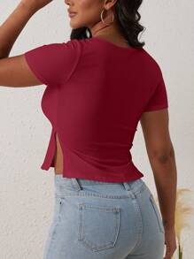 Summer Women's Red Short Sleeve Y2K Ruched Front Sexy T-Shirt Going Out Top - Burgundy - View 2