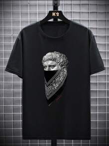 Plus Size Men's Mysterious Masked Statue Print Round Neck Short Sleeve Casual Loose T-Shirt - Black - View 2