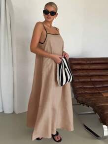 Women's Fashion Contrast Color Cotton And Linen Long Style Suspender Skirt Dress(Adjustable Shoulder Strap) - 棕色 - 查看 2