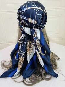 1pc 35.4inch Square Luxurious Printed Scarf, Popular Pattern Hijab Muslim Scarf Shawl, Fashion Women Silk Scarves & Wraps 90*90cm - Navy Blue - View 2