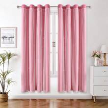 顶部索环/空心星形镂空图案窗帘，带纯色遮光和透明层/遮光卧室窗帘/客厅装饰窗帘/教室/精美蕾丝覆盖透明双层窗帘 - 粉色 - 查看 28