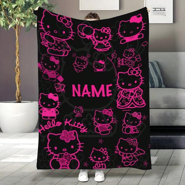 Sanrio 1 pieza Manta de franela de forro polar personalizada de Sanrio Hello Kitty, impresión digital de nombre personalizado, manta suave y cómoda para el hogar/bicicleta/viajes, estilo contemporáneo, lavable a máquina, poliéster, multiusos para todas las estaciones - 200-250 g/m2, para oficina, durable, transpirable, ligera, lavable, divertida, linda, amorosa, suave, cómoda, elegante, simple, personalizada, única, regalo ideal para él, regalo ideal para ella, él, ella, novio, novia, papá, mamá, familia, amigos, mascotas, hijo, hija, para aniversarios, para el Día de la Madre, para cumpleaños, para el Día de San Valentín, para graduación, para el Día del Padre, para el Día del Niño, para bodas, para el día de la inauguración de la casa, sofá, cama, coche, sala de té, dormitorio, baño, sala de estar, comedor