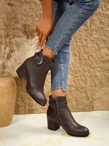 Autumn And Winter New Women's Ankle Boots And Short Boots, Thick Heel Round Toe Suede Fashionable Women's Boots, Metal Buckle Strap Fashionable Versatile Comfortable High Heels - Coffee Brown - View 4