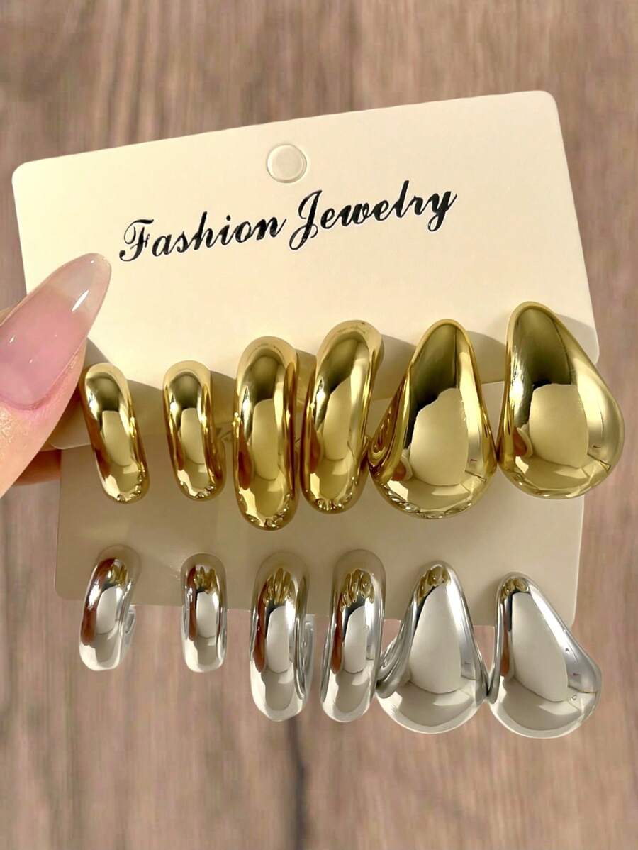 6-12 件简约几何水滴厚 C 形女士耳钉套装，优雅日常百搭珠宝和派对、周年纪念、约会配饰