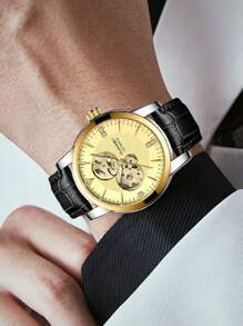 自动手表豪华机械腕表运动 PU 皮革表带防水男士手表商务手表休闲男钟，1 件男士礼物 - 金色 - 查看 3