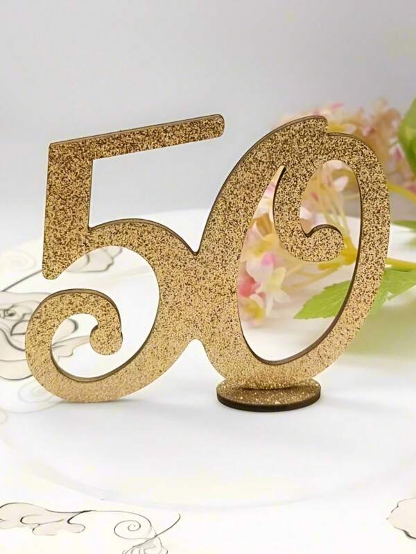 2 piezas Número de madera conmemorativo del 50 aniversario con purpurina dorada, centro de mesa de madera, adecuado para aniversarios, fiestas de cumpleaños, bodas, sin electricidad requerida, sin plumas, decoración para el hogar, fiestas, carnavales, muebles, sala de estar, dormitorio, cocina, agrega belleza al hogar, decoración universal para fiestas, decoración para fiesta de jubilación, decoración de aniversario