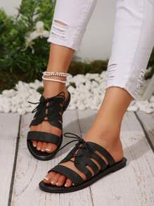2025 Summer Outdoor Comfy Open Toe Lace Up Flat Sandals, Plus Size