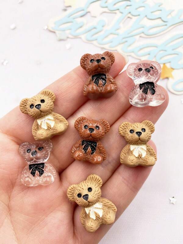 10 قطعة مزيج من التماثيل الراتنجية المرسومة باليد بأشكال كرتونية كاواي ملونة من الدب والفيونكة، ظهر مسطح، وزخارف الشريط المجوهرات DIY، اكسسوارات الحرف اليدوية