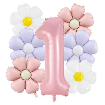 淡粉色、紫色和白色雏菊编号 1-9 气球，适合热闹的生日派对、聚会和室内/室外装饰