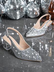 Women's Pointed Toe Crystal Heel Mary Jane Hollow Out Series Silver High Heel Shoes, Suitable For Going Out, Parties, Weddings And Other Events