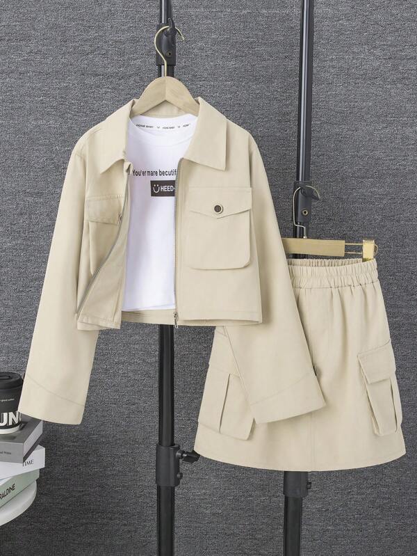 Completo casual ragazze pre-adolescenti composto da top color kaki monocolore con decorazione rivetti e gonna a-line in vita elasticizzata, adatto per tutte le stagioni