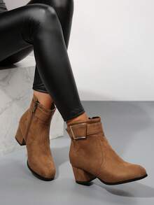 新款秋冬厚底圆头侧拉链时尚百搭高跟踝靴，弹性踝部设计，穿着舒适 - 棕色 - 查看 2