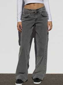 Women's Spring Summer Denim Pants Low Waist Straight Leg Trousers With Multi Pockets - Dark Grey - View 1