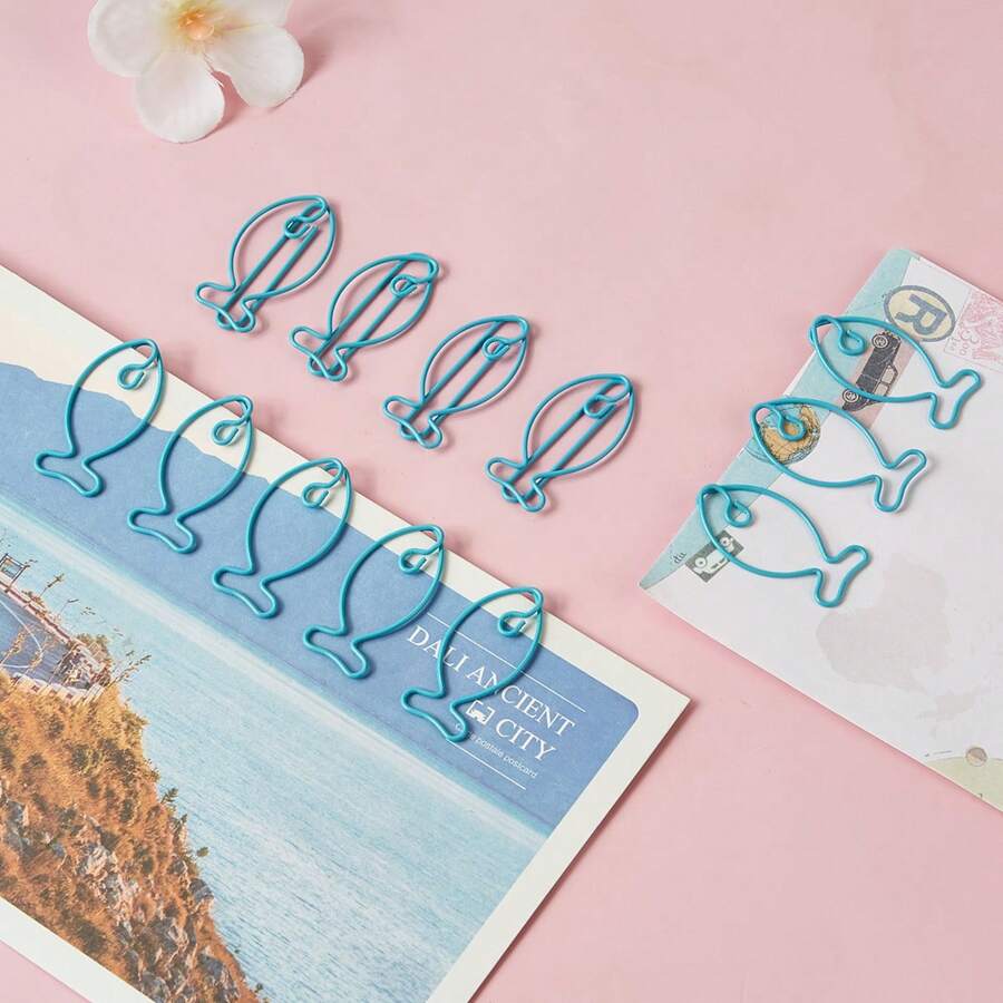 50个创意蓝鱼回形针，适用于整理办公文具和装饰纸，适合日常办公使用、母亲节礼物和完美的节日礼物 - 魚 - 查看 1