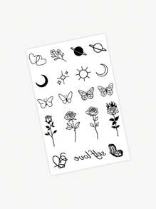 1 pièce Autocollants de tatouage temporaire lavables avec des motifs de rose, papillon, lune, cœur. Tatouage temporaire imperméable en PVC, convient pour une utilisation quotidienne