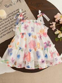 夏季女宝宝彩色花朵蝴蝶结装饰无袖印花轻便连衣裙 - 紫色 - 查看 1