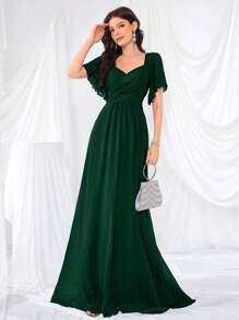 Flounce Sleeve Back Sweetheart Neck Solid Color Tulle Dress, Bridesmaid Dress, Bride Dress, Birthday Women Outfits, Graduation Dress, Formal Dress - Dark Green - View 3