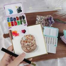 1 pieza Caja portátil de plástico de 12 colores para pintura de acuarela de viaje, estuche de almacenamiento de pintura mini, apto para materiales de arte