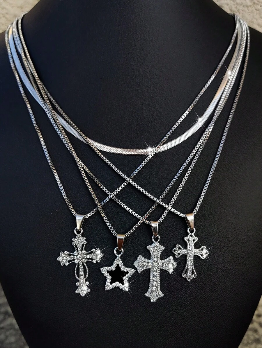 1-2pcs Cross/Star/Gold Stainless Steel Necklace, Personalized Design High-End Accessory, Suitable For Daily Wear, Music Festivals, Holidays And Gifts