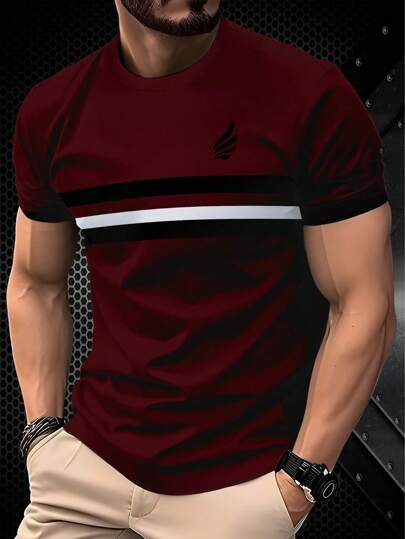 Camiseta de hombre de manga corta con cuello redondo, elegante y a rayas, de moda casual, 100% poliéster