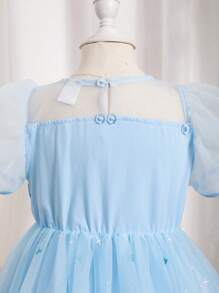 新款舞会派对儿童连衣裙5-9岁蓝色女童公主裙童话冰雪公主裙公主风薄纱连衣裙泡泡袖亮片蓬蓬裙婚礼花童儿童梦幻公主装 - 藍色 - 查看 5