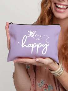 Make-uptas met opdruk van de letters "Happy" en een klein bijenpatroon - lichtgewicht en geurloze reistas van polyester, geschikt voor natuurliefhebbers en vrouwen, leuke multifunctionele canvas tas in cartoonstijl, perfect cadeau voor tieners, verjaardags- en reisaccessoires, vakantiecadeaus, boho-sfeer, voor strandvakanties, badkamercollectie, slaapkamercollectie, grote capaciteit