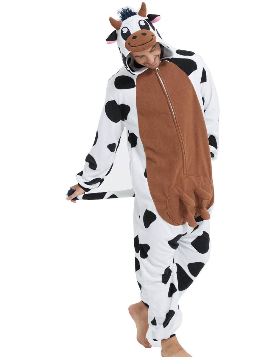 Men's Cartoon Cow Costume Jumpsuit - Black and White - View 1