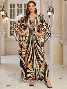 Women's Elegant Leopard Print Robe Plus Size Bohemian Style Batwing Sleeve Loungewear Dress Dignified Arabian Style Robe Set Eid Spring - Multicolor - View 7