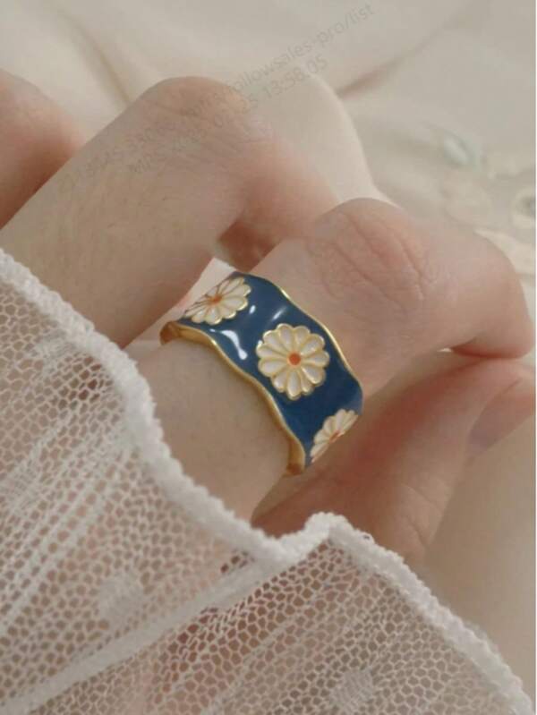 1pc Elegant Cute Daisy Flower Ring, Resin Open Adjustable Ring
