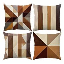 4pcs Coffee Geometric Painting Design Decorative Throw Pillow Covers, Skin-Friendly Peach Velvet Fabric, One-Sided Printed 45*45CM, Suitable For Home, Bedroom, Living Room, Sofa, Gift