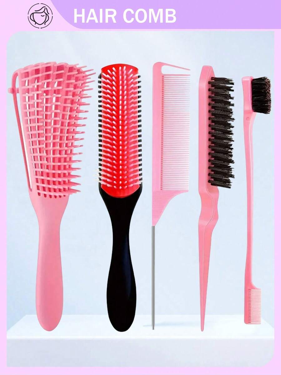 CHIGO 1/3/5pcs Styling Comb Set, Unisex, Includes Hairbrush, Comb, Scalp Massage Brush, Large Curved Brush (For Gentle Styling), Steel Needle Tail Comb, Wide-Tooth Styling Comb And 8-Tooth Comb