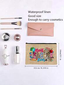 Bolsa de maquillaje con estampado de "Maestro" como regalo de aprecio al maestro, monedero de lino caqui, bolsa de cosméticos con forro y sin cierre - perfecto para educadores y personal escolar, regalo de agradecimiento al maestro, accesorios casuales y elegantes para salidas, vacaciones, viajes diarios, bolsa de cosméticos, regalo de cumpleaños para mamá, amiga