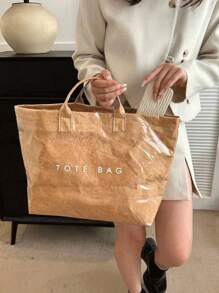 时尚透明果冻大容量手提包,PVC防水手提包,购物袋,韩版流行INS复古休闲街头潮流小众手提包,休闲日式风格,书包,健身瑜伽旅行包,妈咪包 - 卡其色 - 查看 4