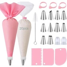 40 pezzi Set di decorazione per torte, include 10 bocchette da pasticceria, 2 accoppiatori, 3 fasce in silicone, 3 raschietti per glassa, 1 spazzola per la pulizia, 1 sac à poche riutilizzabile, 20 sacchetti per glassa monouso, decorazioni per torte, cupcake, stampi da forno, attrezzi da forno