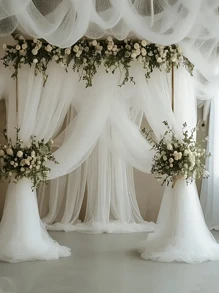 1 件白色网状婚礼拱门装饰窗帘，波浪薄纱窗帘白色悬挂背景装饰挂布适用于浪漫婚礼仪式拱门，经典涤纶装饰，适用于订婚、婚礼活动背景、婚礼场地装饰 - 白色 - 查看 2