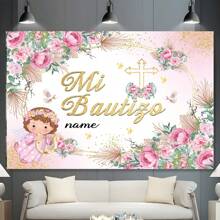 1pc Customizable First Baptism Party Banner, Polyester, Spring Floral Angel Design Photography Backdrop, Personalized Name In Spanish, Home Wall Cake Table Decor, 3 Sizes Available,Graphic Print