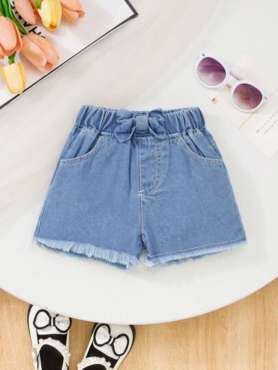 Shorts vaqueros azul claro lavados con lazo decorativo para niñas bebé, para el verano