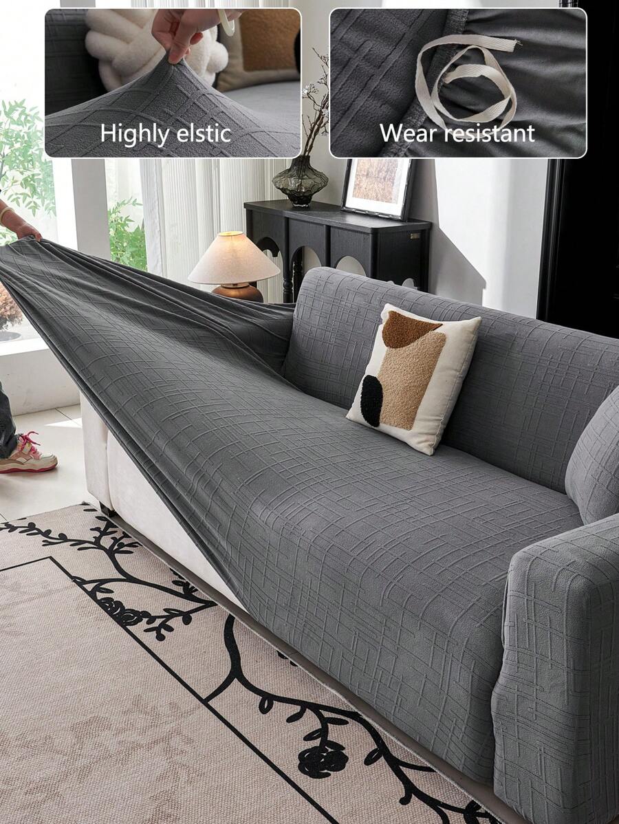 1pc Stretchable Sofa Cover, Slip Resistant Full Coverage Sofa Seat Cushion Cover, Machine Washable Dust Proof, Color Fast, Pet Friendly, For Bedroom, Office, Living Room, All Season - Grey - View 1
