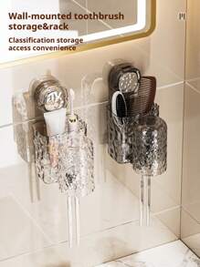 1 pieza Soporte para cepillo de dientes y vaso con ventosa, caja de almacenamiento integrada para cepillo de dientes y vaso, diseño montado en la pared sin perforación, solución ahorradora de espacio para almacenamiento y organización de baño, aseo y ducha, decoración de baño para el hogar, decoración de otoño, regreso a clases