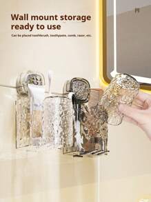 1 pieza Soporte para cepillo de dientes y vaso con ventosa, caja de almacenamiento integrada para cepillo de dientes y vaso, diseño montado en la pared sin perforación, solución ahorradora de espacio para almacenamiento y organización de baño, aseo y ducha, decoración de baño para el hogar, decoración de otoño, regreso a clases