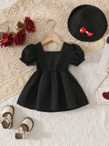 Baby Girls 0-3 Years Summer Elegant Cute Bow Lantern Sleeves Dress With Hat Set - Outdoor Casual Sports Princess Dress