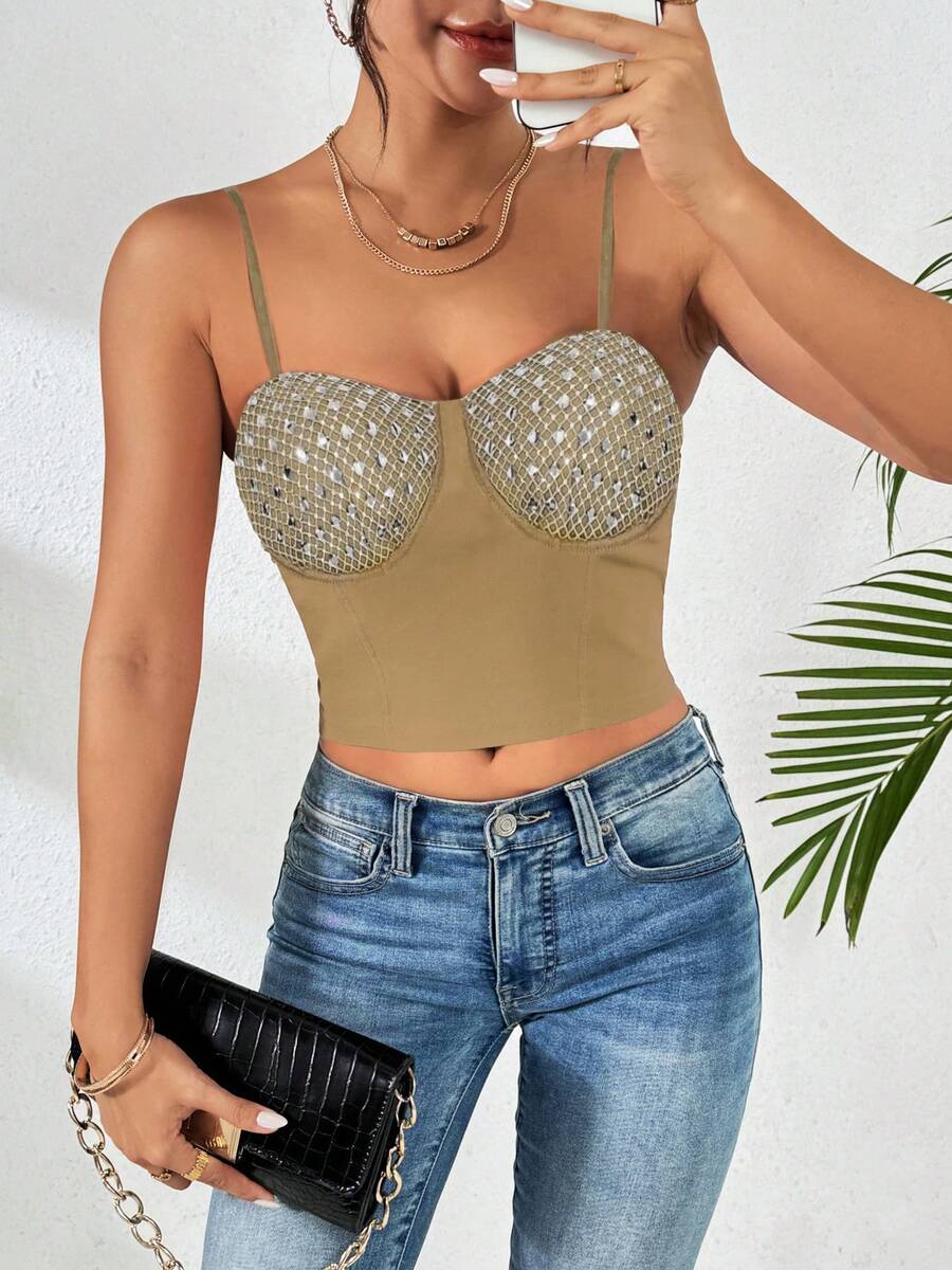 Women's Fashion Rhinestones Slim Fit Crop Bustier Top - 卡其色 - 查看 1
