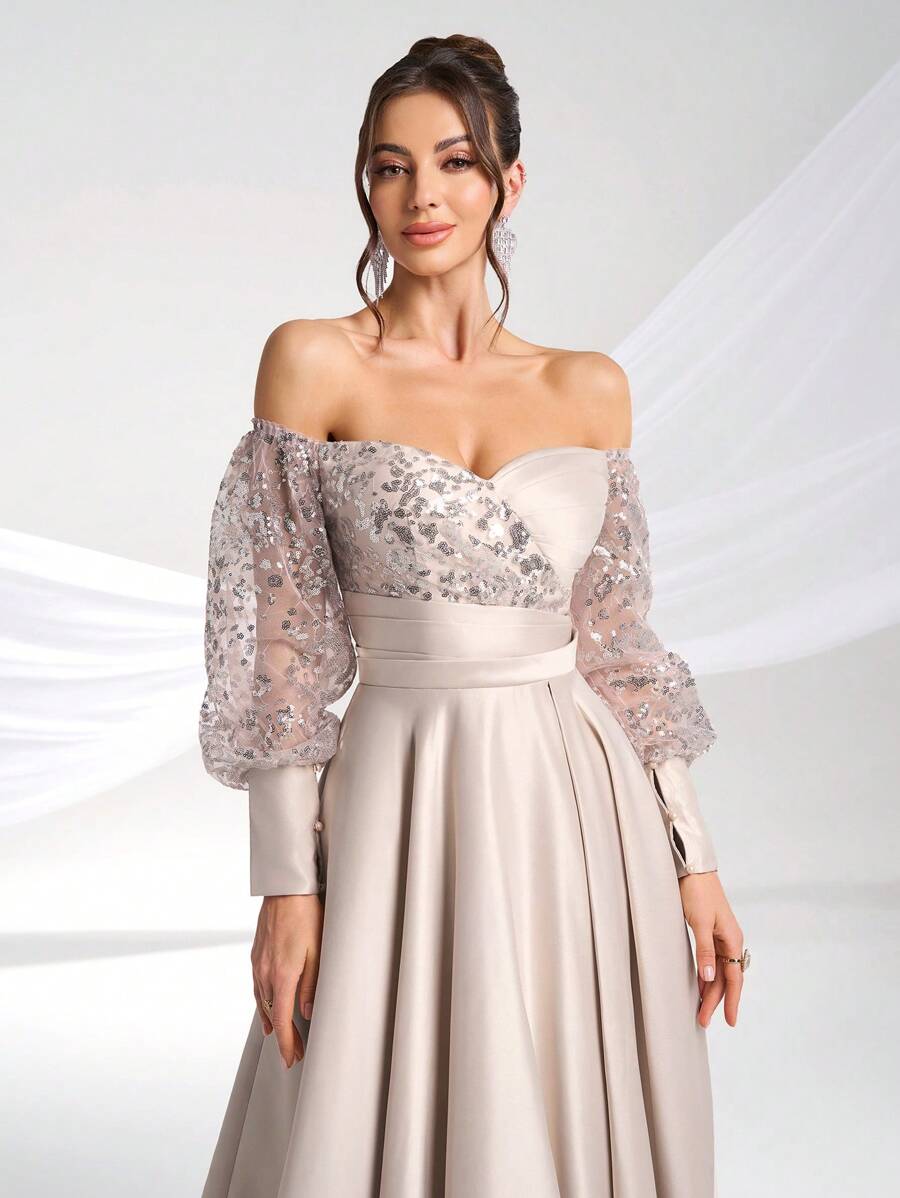 YISIKADO 女士舞会礼服露肩网眼撞色缎面正式晚礼服奢华优雅亮片长袖开叉大腿舞会礼服婚礼宾客晚宴宴会礼服毕业生日派对礼服