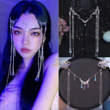 Vintage Handmade Water Drop Tassel Hair Accessories, Princess Rhinestone Forehead Chain Headpiece, Exotic Style Stage Face Veil Decoration, Jewelry , Wedding, Festival Outfits, Rave Accessories