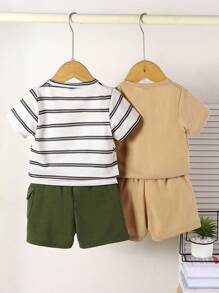Conjunto de 4 piezas de ropa informal de verano para niño bebé con camisetas de cuello redondo a rayas y de un solo color, y pantalones cortos de bolsillo de un solo color