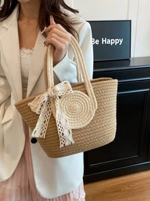 Two Tone Straw Bag Medium Double Handle Vacation,School Bag,Large Capacity,Portable,For Teen Girls Women College Students,White-Collar Workers,Perfect For Work, Back To School,Middle School,High School,College,Vacation, Vacation Bag For Summer, Beach Purse, Perfect For Summer, Vacation & Daily Use