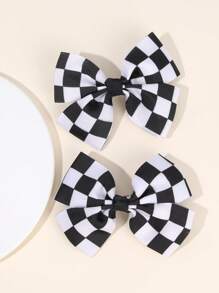 2 件装女童格纹发饰黑白罗缎蝴蝶结鳄鱼夹可爱格子发夹女童小辫蝴蝶结发夹儿童发饰 - 黑與白 - 查看 9