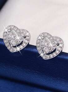 1 对时尚简约心形水晶钻女士耳钉，适合夏季服装 - 銀色 - 查看 1