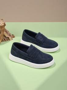 Kids Anti-Slip Classic Fashion Flat Shoes, PU Soft Gradient Color Slip-On Boys Casual Moccasins, Vivid Minimalist Comfortable Breathable Non-Slip Easy-On Loafers For Boys And Girls Students - Navy Blue - View 5