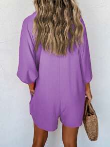 Astylish 女士纯色半袖纽扣领宽松超大短裤连体衣带口袋夏季服装